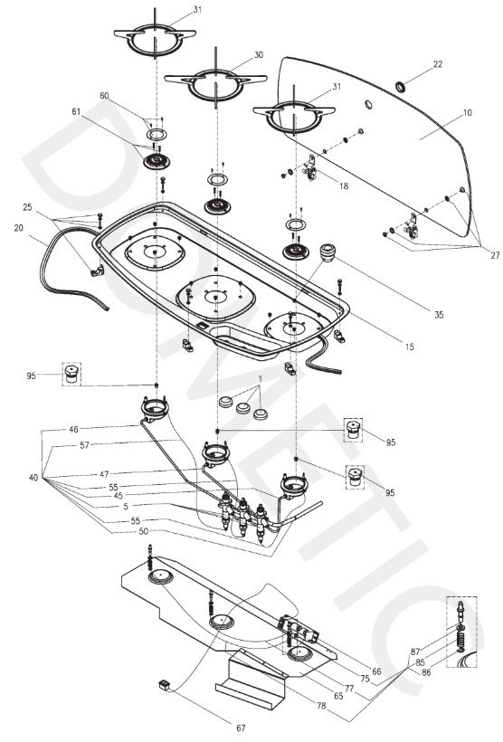 Eclaté du plan de cuisson gaz DOMETIC KSK 2008 - réchaud camping-car et fourgon